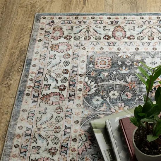 8' Gray And Ivory Oriental Distressed Runner Rug Photo 8