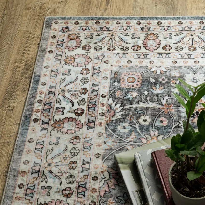 8' Gray And Ivory Oriental Distressed Runner Rug Photo 8