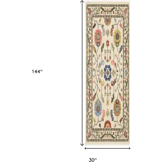12' Ivory Gray And Red Oriental Runner Rug Photo 3