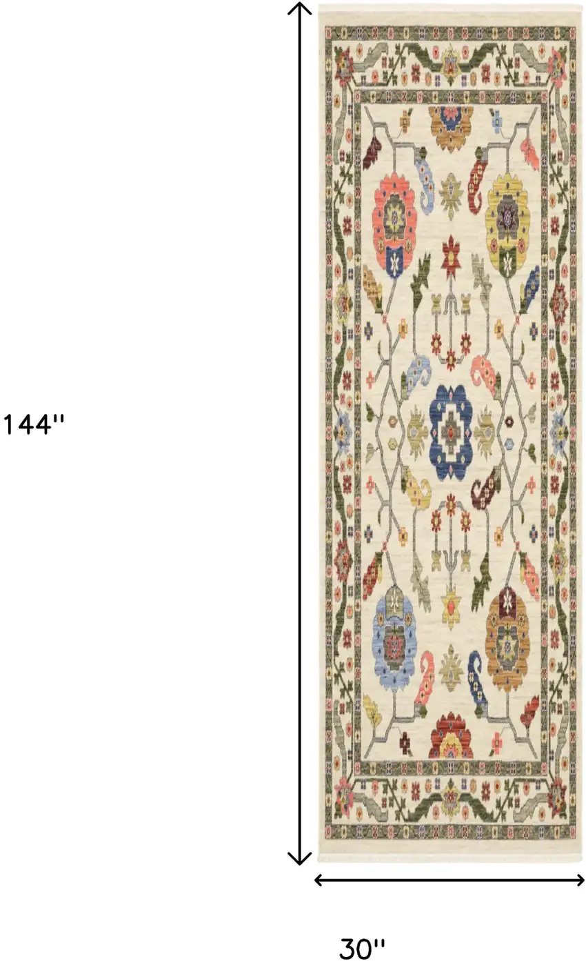 12' Ivory Gray And Red Oriental Runner Rug Photo 3