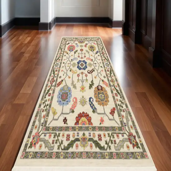 12' Ivory Gray And Red Oriental Runner Rug Photo 1