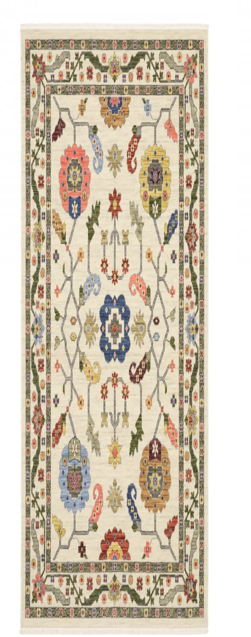 12' Ivory Gray And Red Oriental Runner Rug Photo 2