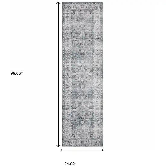 8' Gray And Ivory Oriental Printed Non Skid Runner Rug Photo 3