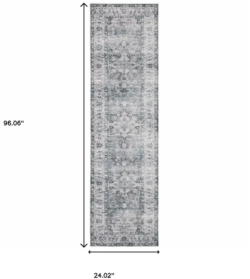 8' Gray And Ivory Oriental Printed Non Skid Runner Rug Photo 3