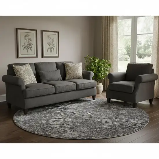 8' Gray And Ivory Oriental Washable Round Rug With UV Protection Photo 1