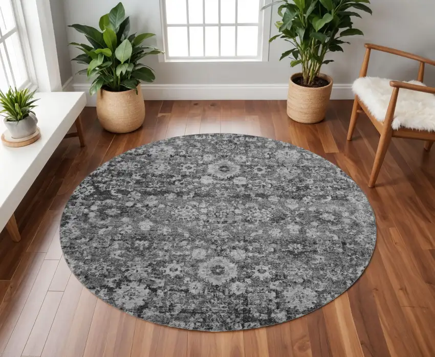 8' Gray And Ivory Oriental Washable Round Rug With UV Protection Photo 2