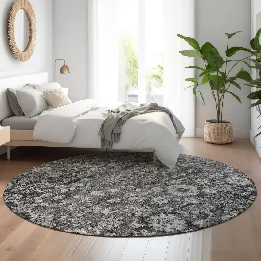 8' Gray And Ivory Oriental Washable Round Rug With UV Protection Photo 5