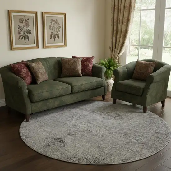 8' Gray And Ivory Oriental Washable Round Rug With UV Protection Photo 1