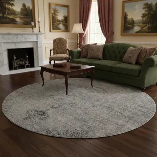 8' Gray And Ivory Oriental Washable Round Rug With UV Protection Photo 2