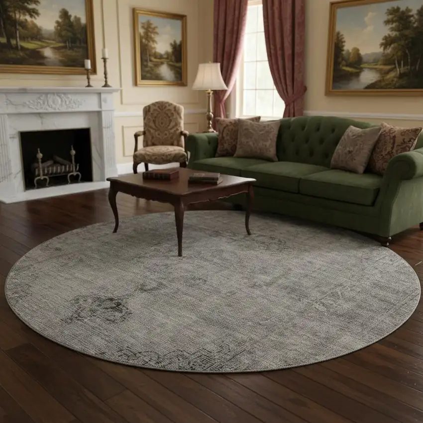 8' Gray And Ivory Oriental Washable Round Rug With UV Protection Photo 2