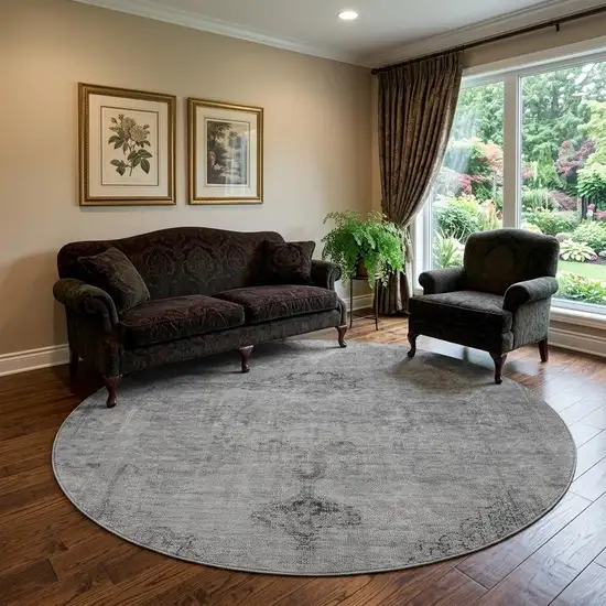 8' Gray And Ivory Oriental Washable Round Rug With UV Protection Photo 1