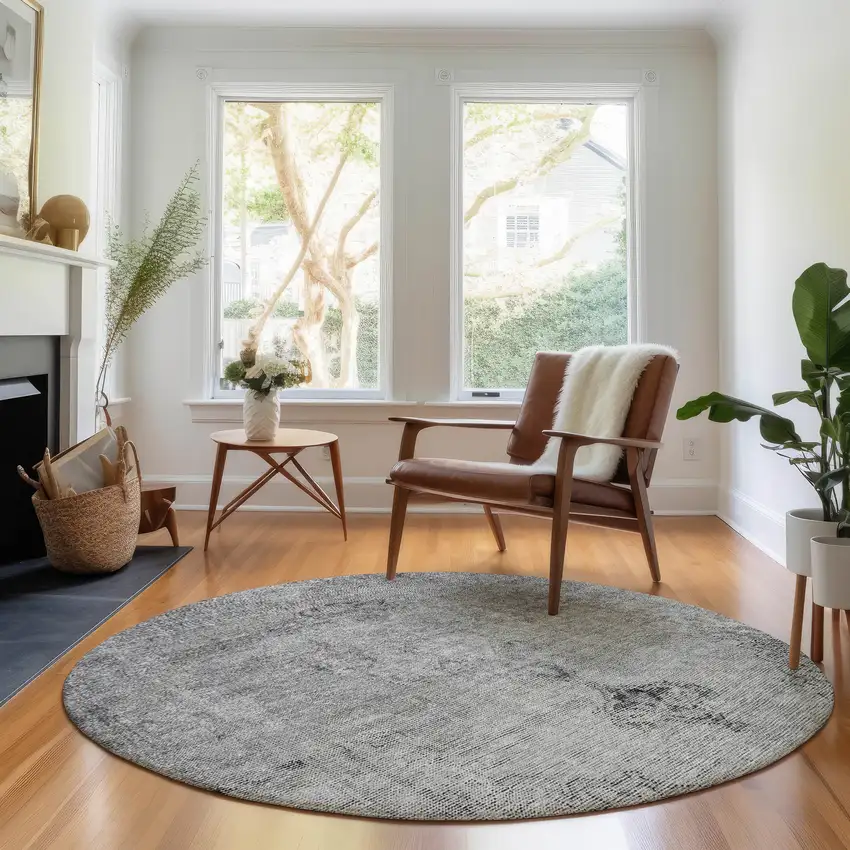 8' Gray And Ivory Oriental Washable Round Rug With UV Protection Photo 5