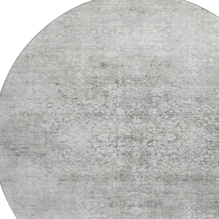 8' Gray And Ivory Oriental Washable Round Rug With UV Protection Photo 2