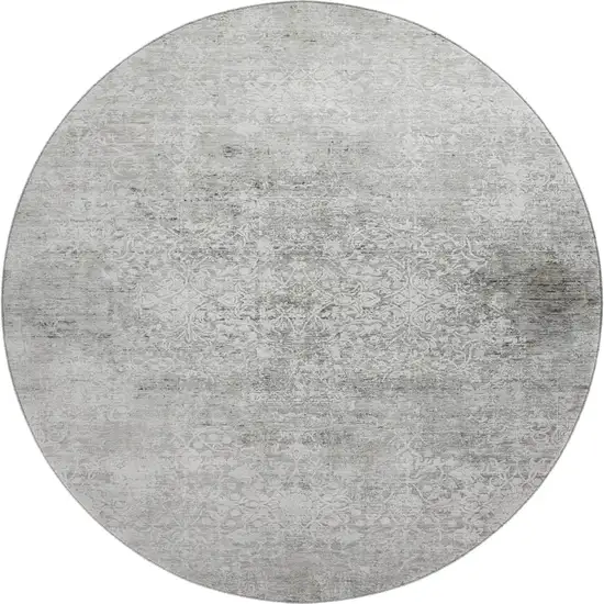 8' Gray And Ivory Oriental Washable Round Rug With UV Protection Photo 1