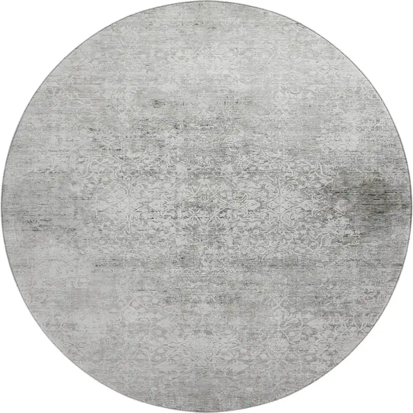 8' Gray And Ivory Oriental Washable Round Rug With UV Protection Photo 1