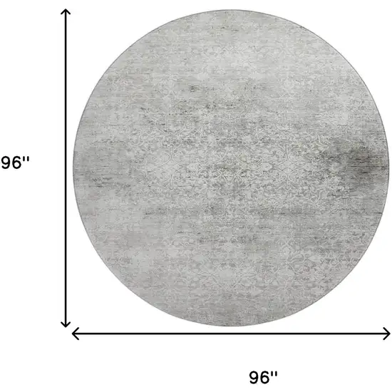 8' Gray And Ivory Oriental Washable Round Rug With UV Protection Photo 9