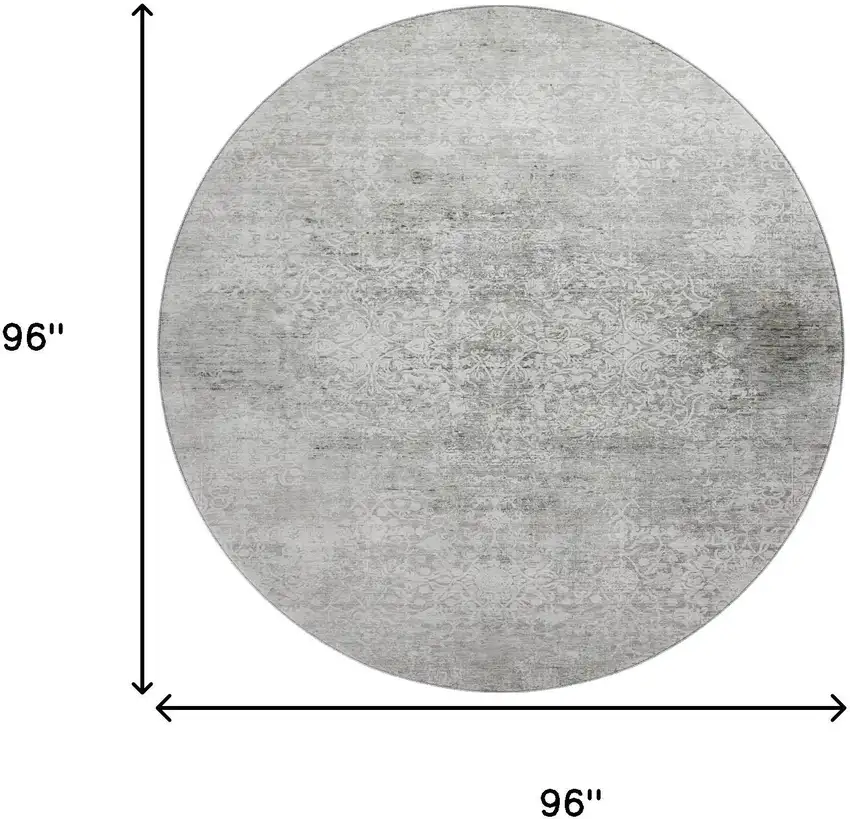 8' Gray And Ivory Oriental Washable Round Rug With UV Protection Photo 9