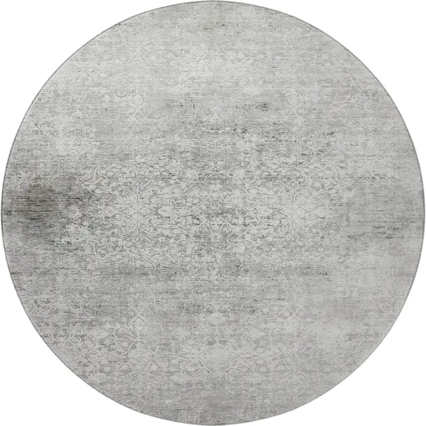 8' Gray And Ivory Oriental Washable Round Rug With UV Protection Photo 3