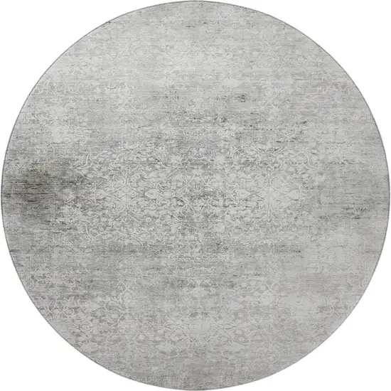 8' Gray And Ivory Oriental Washable Round Rug With UV Protection Photo 3