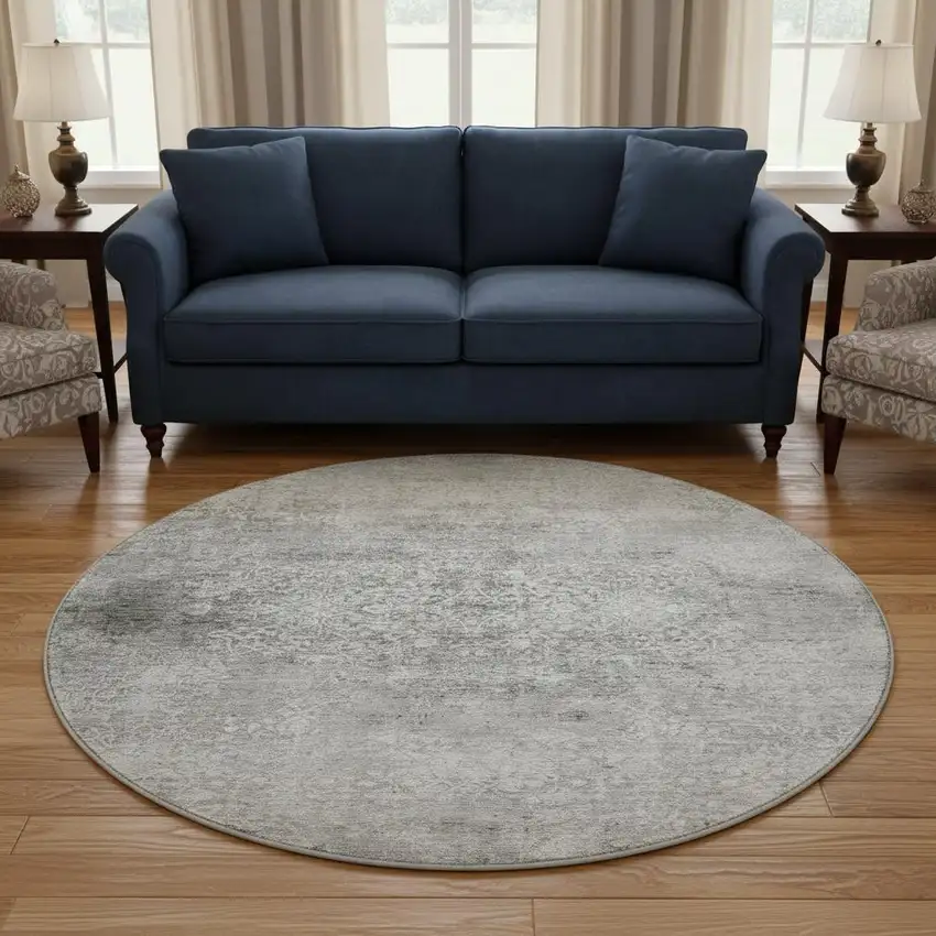 8' Gray And Ivory Oriental Washable Round Rug With UV Protection Photo 2