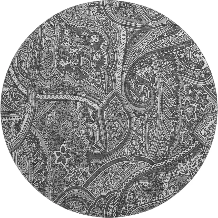 8' Gray And Ivory Paisley Washable Round Rug With UV Protection Photo 1