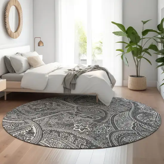 8' Gray And Ivory Paisley Washable Round Rug With UV Protection Photo 5