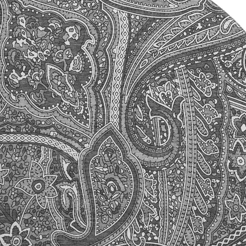 8' Gray And Ivory Paisley Washable Round Rug With UV Protection Photo 3
