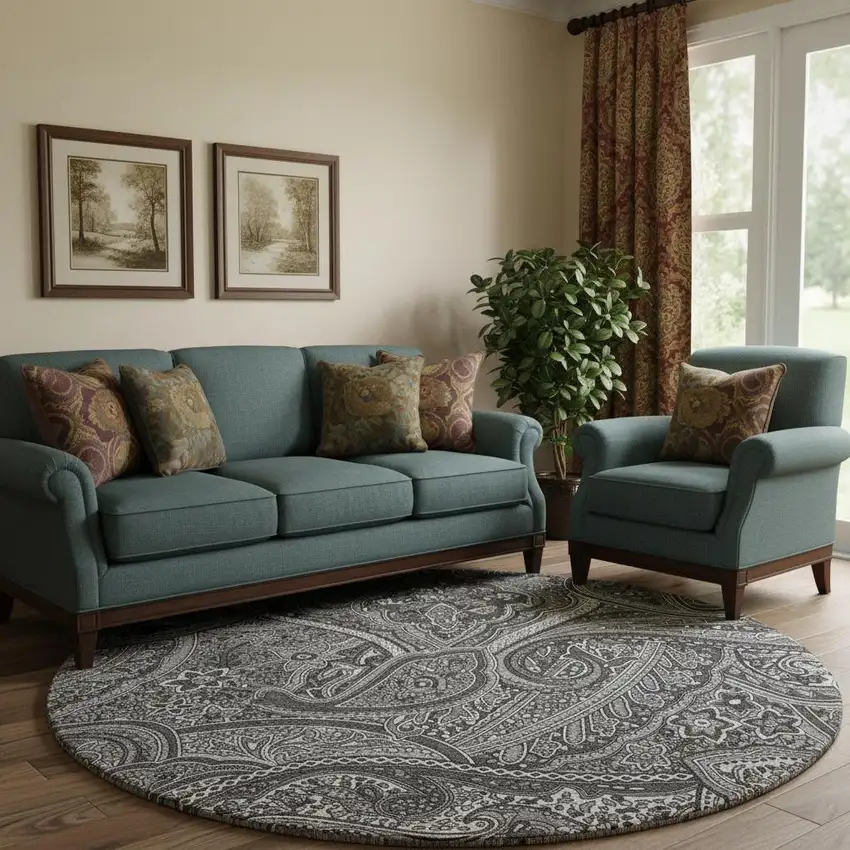 8' Gray And Ivory Paisley Washable Round Rug With UV Protection Photo 1