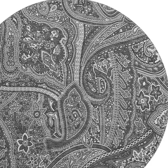 8' Gray And Ivory Paisley Washable Round Rug With UV Protection Photo 4
