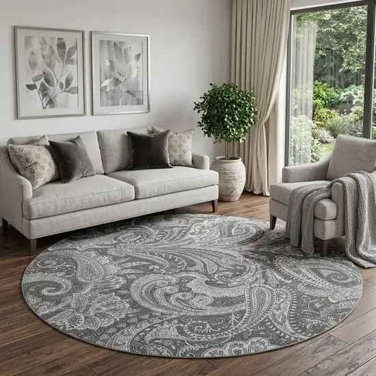 8' Gray And Ivory Paisley Washable Round Rug With UV Protection Photo 1