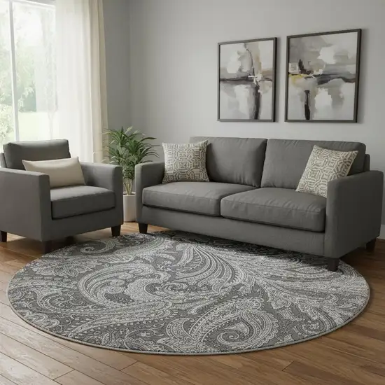 8' Gray And Ivory Paisley Washable Round Rug With UV Protection Photo 1