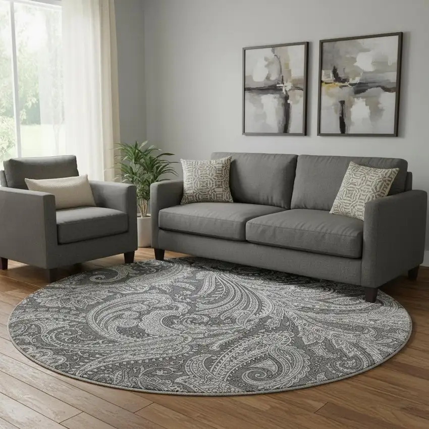 8' Gray And Ivory Paisley Washable Round Rug With UV Protection Photo 1