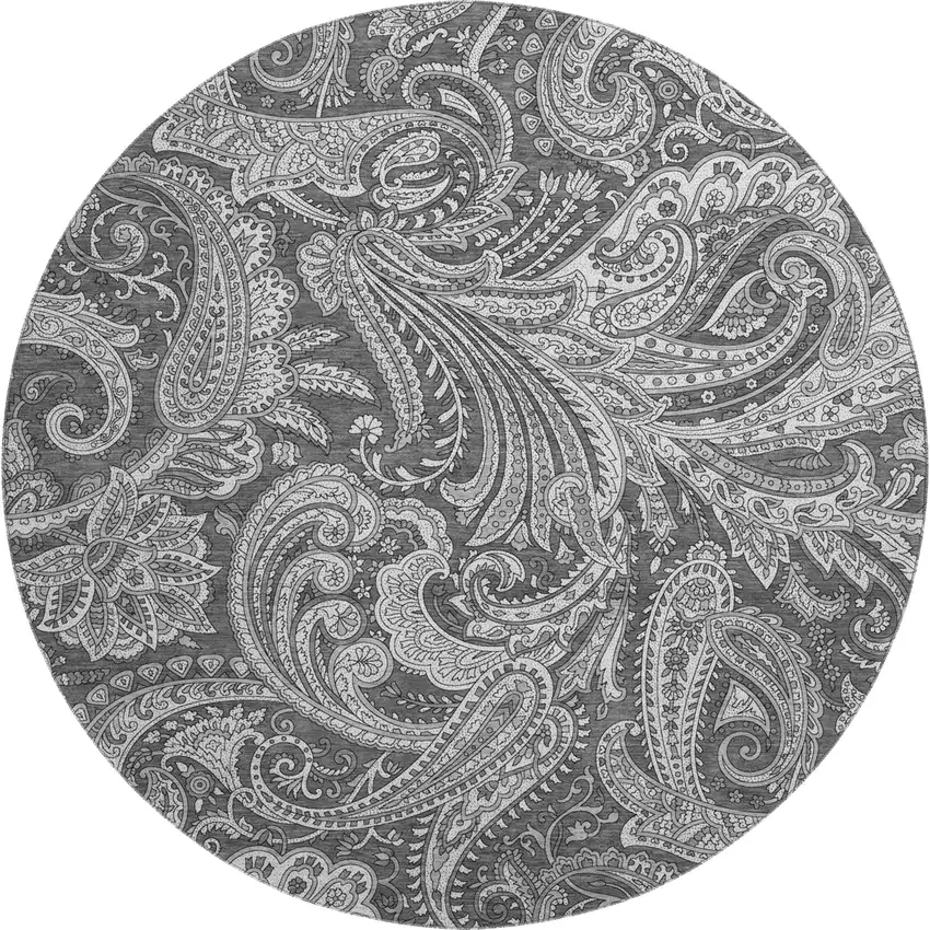 8' Gray And Ivory Paisley Washable Round Rug With UV Protection Photo 1