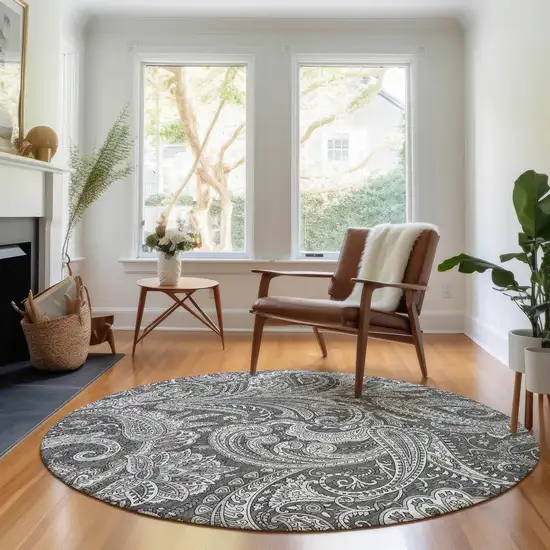 8' Gray And Ivory Paisley Washable Round Rug With UV Protection Photo 5