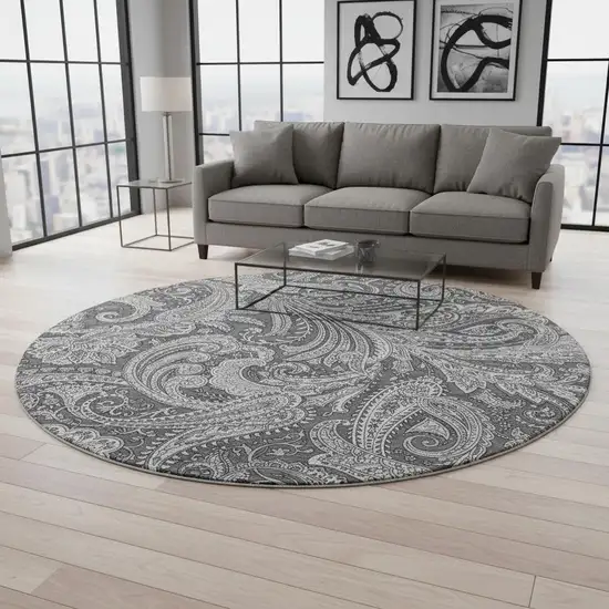 8' Gray And Ivory Paisley Washable Round Rug With UV Protection Photo 2