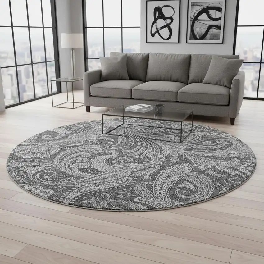 8' Gray And Ivory Paisley Washable Round Rug With UV Protection Photo 2