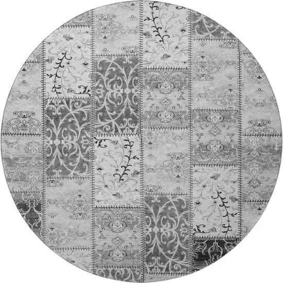 8' Gray And Ivory Patchwork Washable Round Rug With UV Protection Photo 4