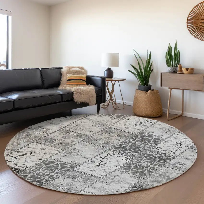 8' Gray And Ivory Patchwork Washable Round Rug With UV Protection Photo 5