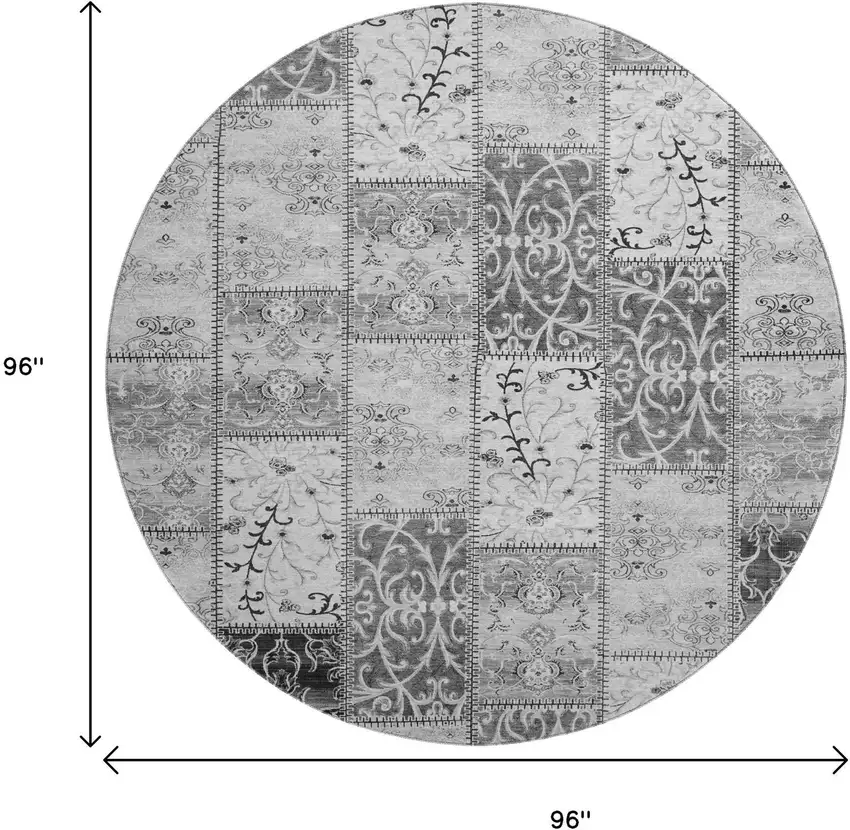 8' Gray And Ivory Patchwork Distressed Washable Round Rug With UV Protection Photo 9