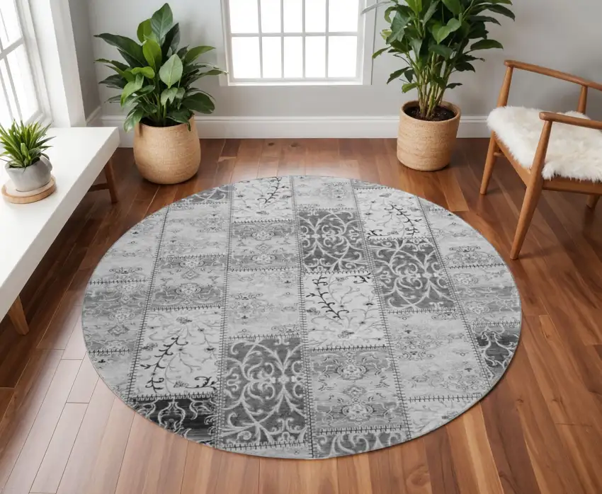 8' Gray And Ivory Patchwork Washable Round Rug With UV Protection Photo 2
