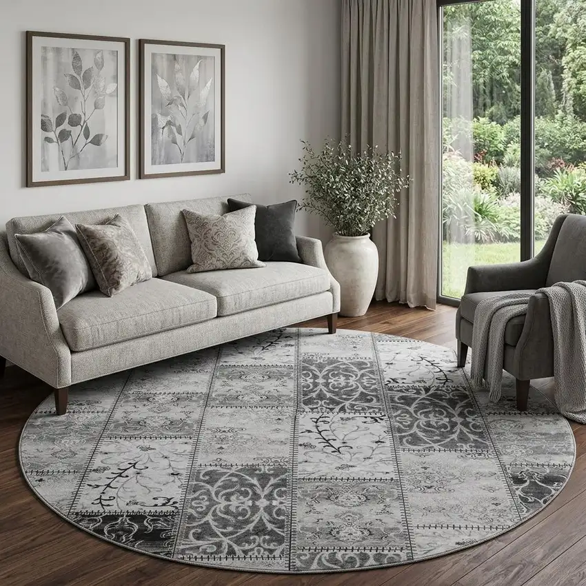 8' Gray And Ivory Patchwork Distressed Washable Round Rug With UV Protection Photo 1