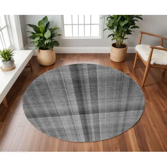 8' Gray And Ivory Plaid Washable Round Rug With UV Protection Photo 2