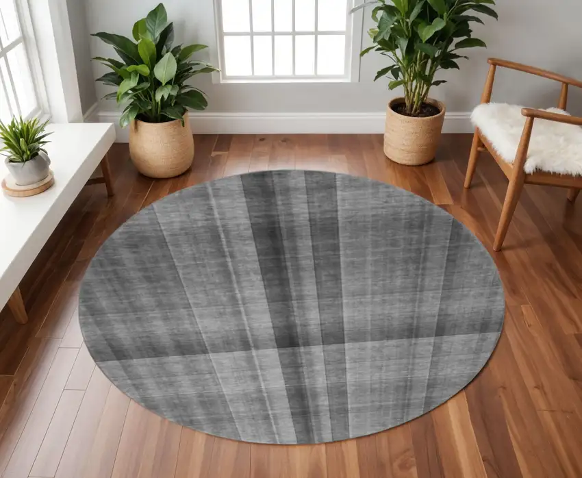 8' Gray And Ivory Plaid Washable Round Rug With UV Protection Photo 2