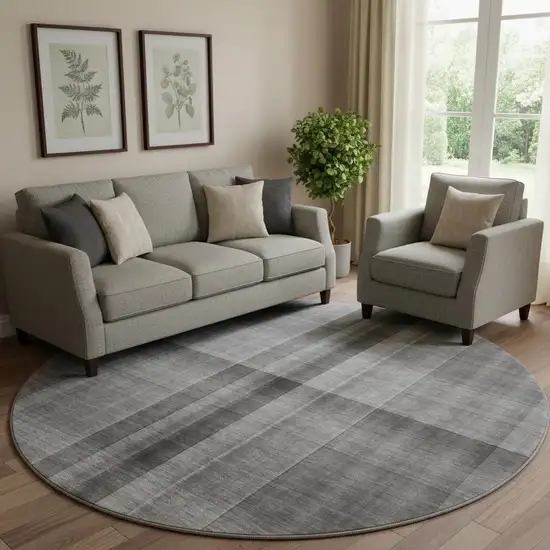 8' Gray And Ivory Plaid Washable Round Rug With UV Protection Photo 1