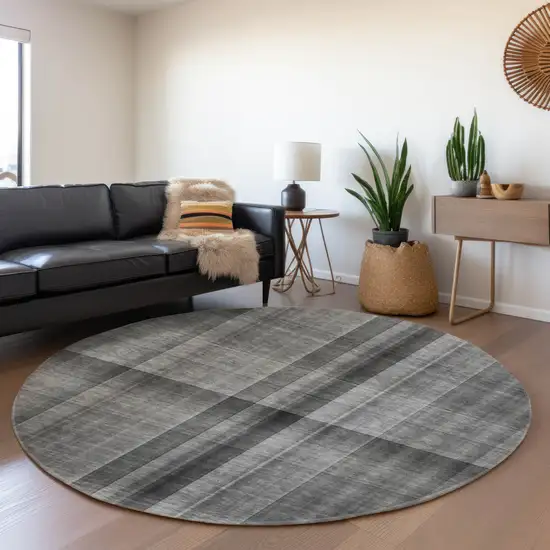 8' Gray And Ivory Plaid Washable Round Rug With UV Protection Photo 5