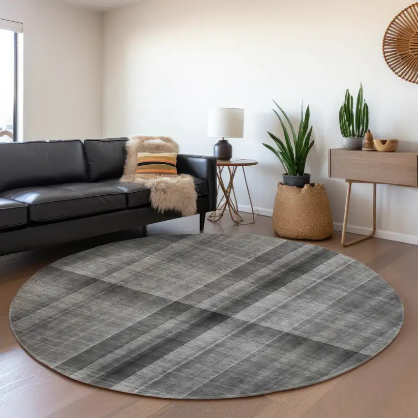 8' Gray And Ivory Plaid Washable Round Rug With UV Protection Photo 5