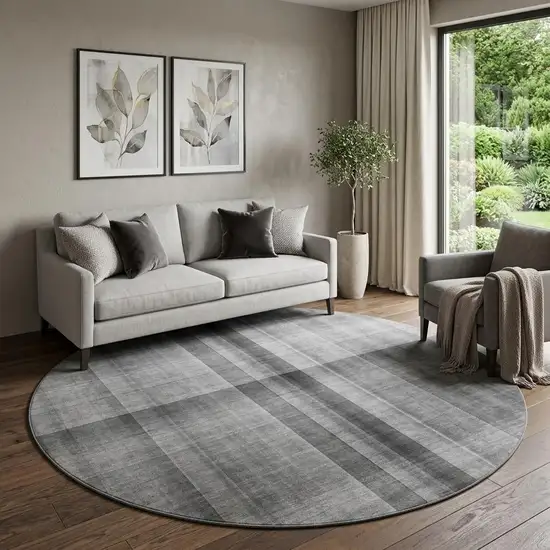 8' Gray And Ivory Plaid Washable Round Rug With UV Protection Photo 1