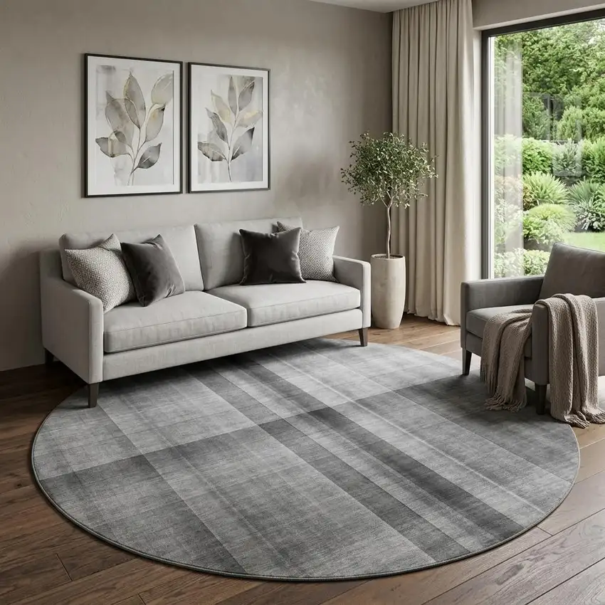 8' Gray And Ivory Plaid Washable Round Rug With UV Protection Photo 1