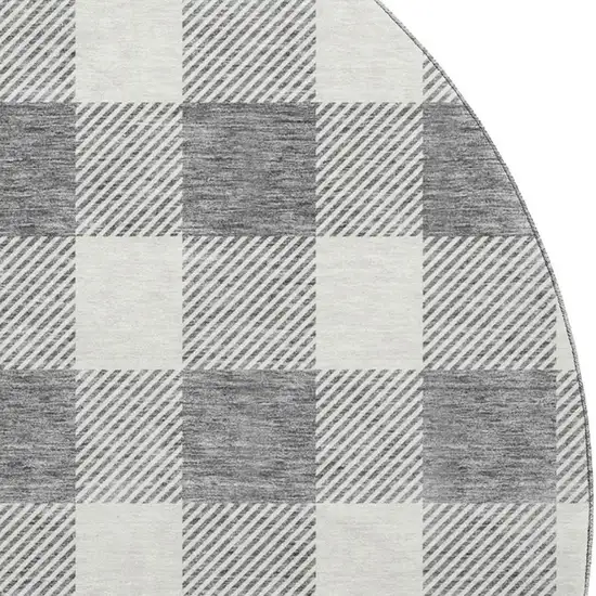 8' Gray And Ivory Plaid Washable Round Rug With UV Protection Photo 2