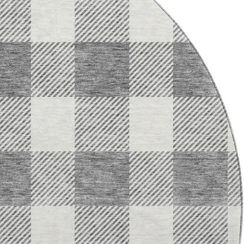 8' Gray And Ivory Plaid Washable Round Rug With UV Protection Photo 2
